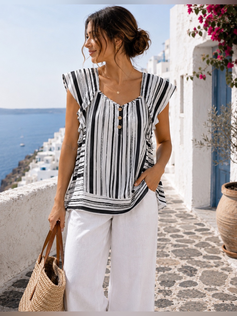 I.N. San Francisco NWT Large Black White Striped Flutter Sleeve Rayon Blouse Top